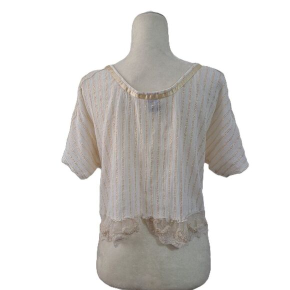 Free People Women's Short Sleeve Crinkle Lace Gold Stripe Cropped Top Sz Small - Picture 3 of 9